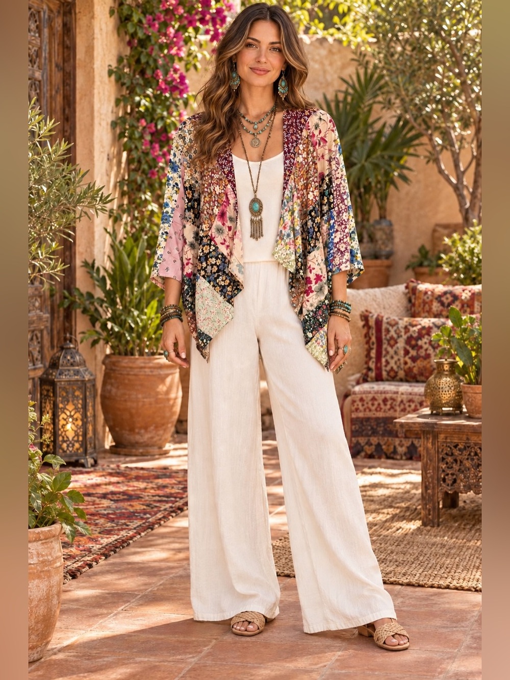 H208 Nwt Young Threads S ptp19 Boho Patchwork Open-Front Kimono Jacket Multi